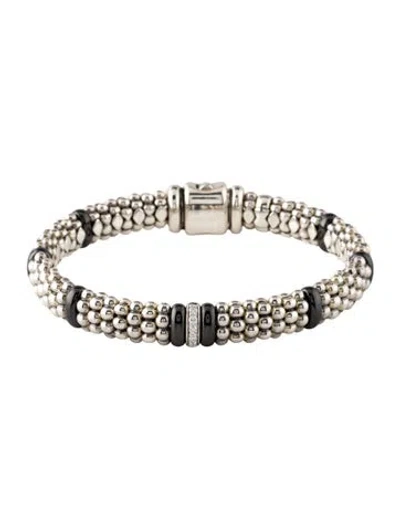Pre-owned Lagos Diamond & Ceramic Caviar Bead Bracelet, 7" In Black
