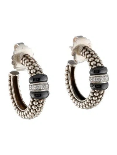 Pre-owned Lagos Diamond & Ceramic Caviar Hoop Earrings In Black