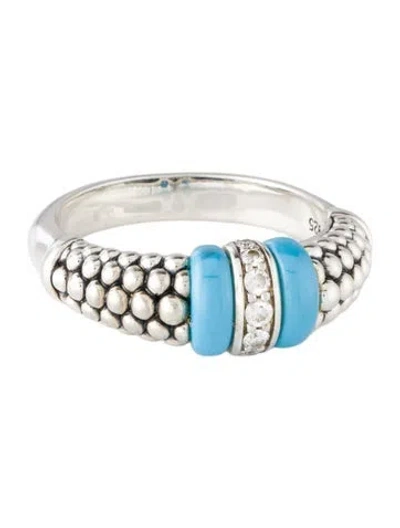 Pre-owned Lagos Diamond & Ceramic Caviar Ring In Blue