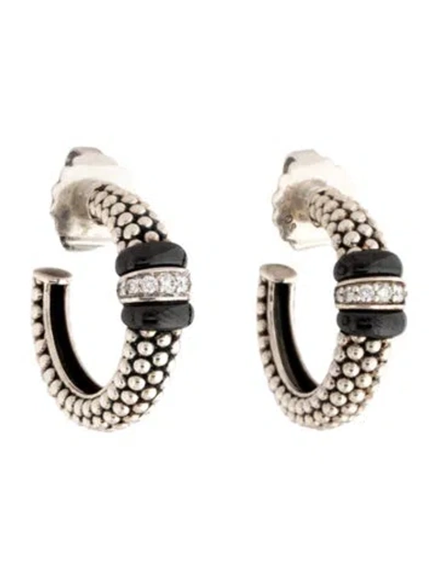 Pre-owned Lagos Diamond & Ceramic Hoop Earrings In Black