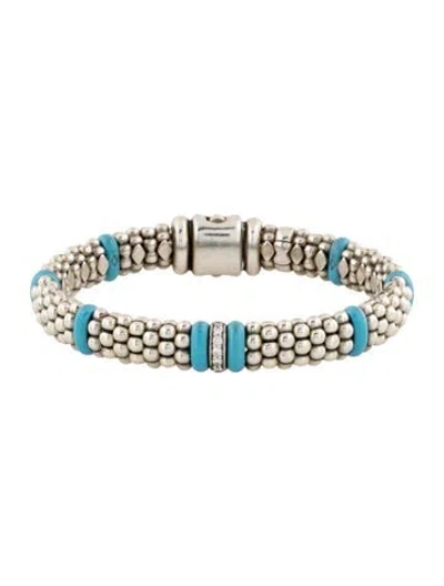Pre-owned Lagos Diamond & Ceramic Single Station Bracelet, 6.5" In Blue