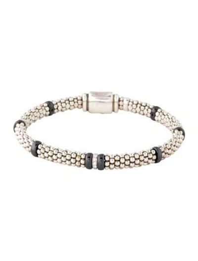 Pre-owned Lagos Diamond & Ceramic Single Station Bracelet, 6.75" In Black