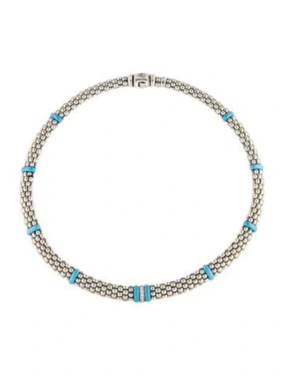 Pre-owned Lagos Diamond & Ceramic Single Station Caviar Necklace, 16" In Blue