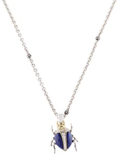 Pre-owned Lagos Diamond & Lapis Lazuli Beetle Pendant Necklace, 18" In Multi