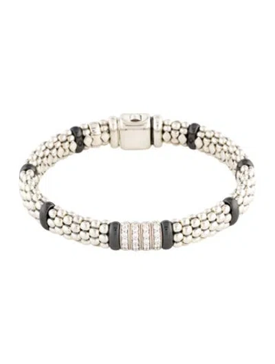 Pre-owned Lagos Diamond Ceramic Black Four Station Caviar Bracelet, 6.75"