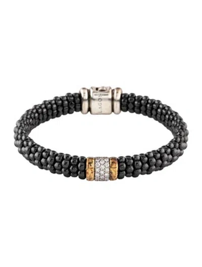 Pre-owned Lagos Diamond Ceramic Caviar Bracelet, 6.75" In Black