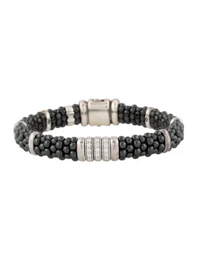 Pre-owned Lagos Diamond Three Station Black Caviar Ceramic Bracelet, 6.75" In Multi
