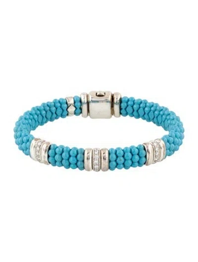 Pre-owned Lagos Diamond Three Station Ceramic Bracelet, 6.75" In Blue