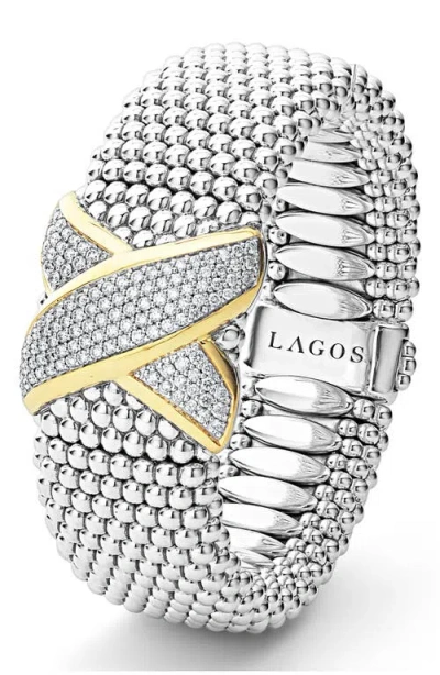 Lagos Embrace Two-tone X Diamond Caviar Bracelet In Silver/gold