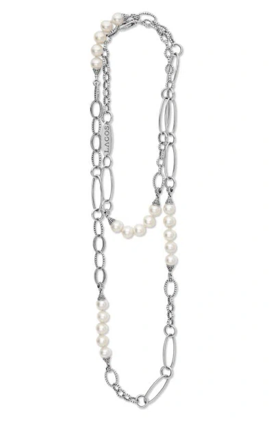 Lagos Luna Freshwater Pearl Station Necklace In Silver
