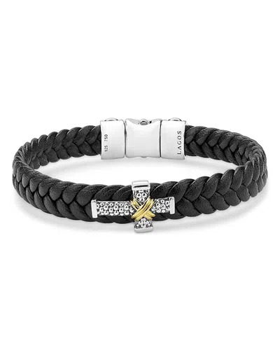 Lagos Men's 18k Yellow Gold & Sterling Silver Anthem Cross Braided Leather Bracelet In Black