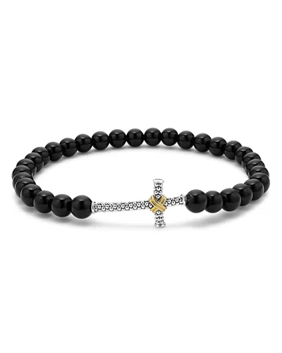 Lagos Men's 18k Yellow Gold & Sterling Silver Anthem Onyx Bead Cross Stretch Bracelet - Exclusive In Black/silver