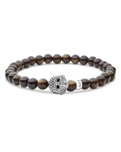 Lagos Men's Sterling Silver Anthem Obsidian Bead Skull Stretch Bracelet - Exclusive In Brown/silver