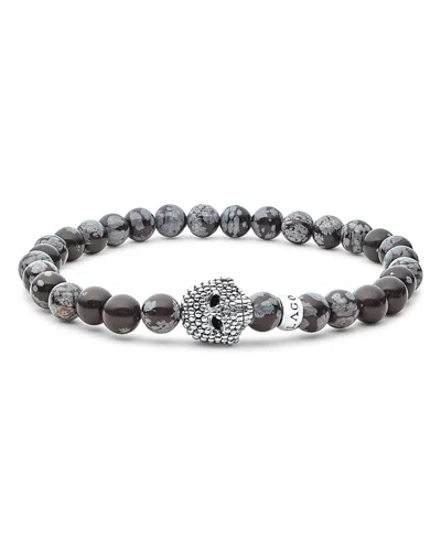 Lagos Men's Sterling Silver Anthem Snowflake Obsidian Bead Skull Stretch Bracelet - Exclusive In Black/silver