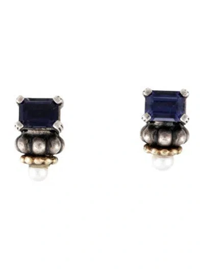 Pre-owned Lagos Pearl & Iolite Caviar Earclips In Multicolor