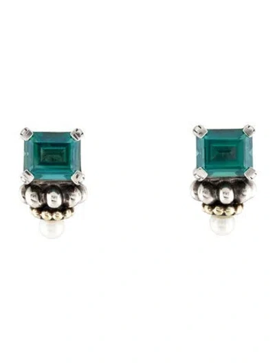 Pre-owned Lagos Pearl & Topaz Fluted Earclips In Multi