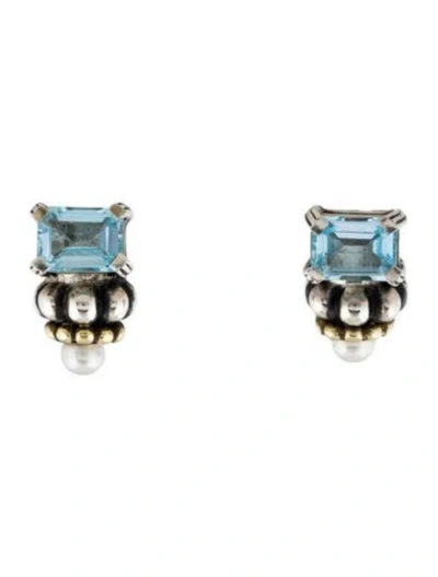 Pre-owned Lagos Pearl & Topaz Glacier Earclips In Multi