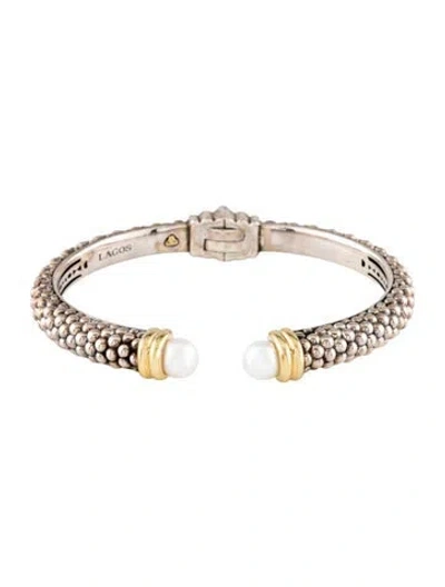 Pre-owned Lagos Pearl Hinged Cuff, 6.75" In Multicolor