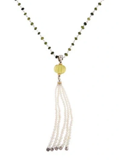 Pre-owned Lagos Pearl ,quartz & Tourmaline Two-tone Caviar Forever Lavalier Necklace, 35" In Multi