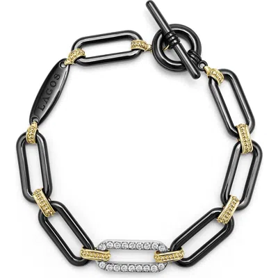 Lagos 18k Yellow Gold & Black Ceramic Diamond Station Link Bracelet