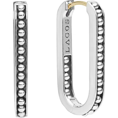 Lagos Sterling Silver Signature Caviar Beaded Linear Hoop Earrings In Metallic