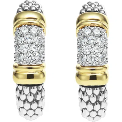 Lagos 18k Yellow Gold & Sterling Silver Signature Caviar Diamond Bead Small Hoop Earrings In Two-tone