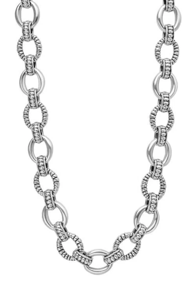 Lagos Signature Caviar Sterling Silver Fluted Oval Link Necklace In Gray
