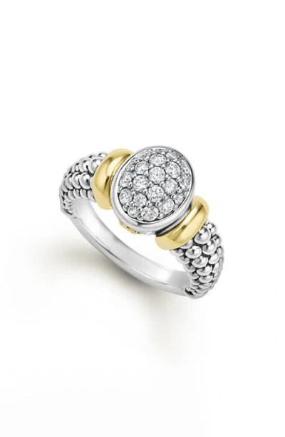 Lagos Signature Caviar Two-tone Oval Caviar Diamond Ring In Metallic