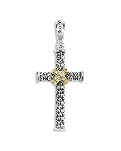 Lagos Small Two Tone Caviar Beaded Diamond Cross Amulet, 0.038 Tcw In Silver
