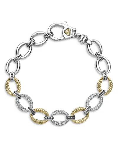Lagos Stainless Steel & 18k Yellow Gold Caviar Luxe Diamond Link Bracelet In Silver/gold
