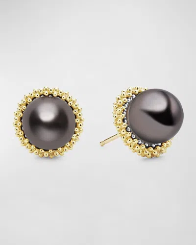 Lagos 18k Yellow Gold & Sterling Silver Luna Tahitian Black Pearl Stud Earrings In Black/gold