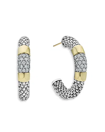 LAGOS STERLING SILVER & 18K GOLD HIGH BAR DIAMOND HUGGIE HOOP EARRINGS,01-81955-DD