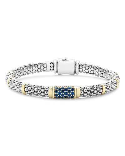 Lagos Sterling Silver & 18k Gold Signature Caviar Blue Sapphire Station Bracelet