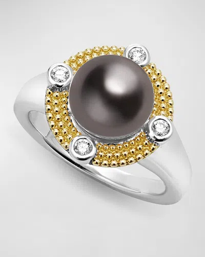 Lagos Sterling Silver And 18k Luna Black Pearl Lux With Diamonds Ring In Metallic