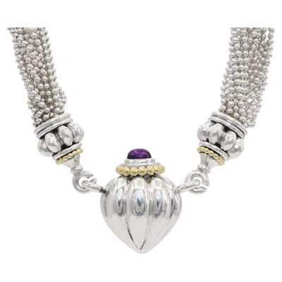 Pre-owned Lagos Sterling Silver & 18k Yellow Gold Amethyst Ruched Heart Necklace