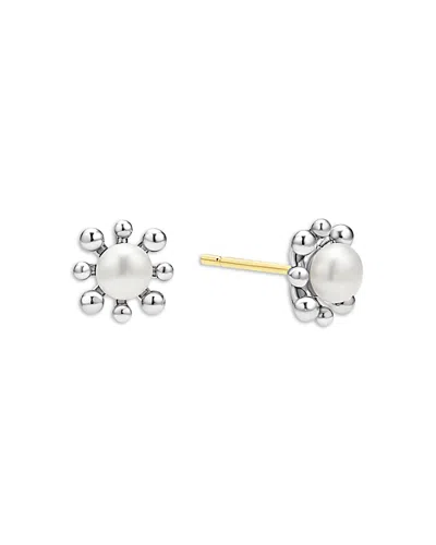 Lagos Sterling Silver Luna Cultured Pearl Fleur Stud Earrings In Metallic
