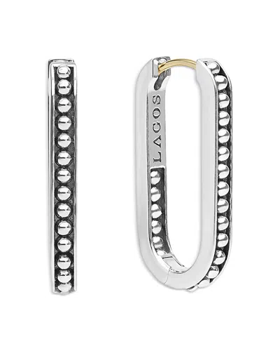 Lagos Sterling Silver Signature Caviar Beaded Linear Hoop Earrings In Metallic
