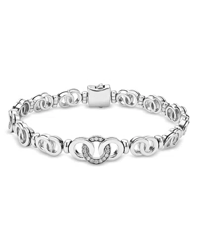 Lagos Sterling Silver Signature Caviar Diamond Circle Interlocking Link Chain Bracelet In Metallic