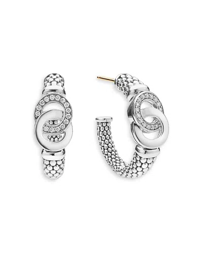 Lagos Sterling Silver Signature Caviar Diamond Interlocking Hoop Earrings In White