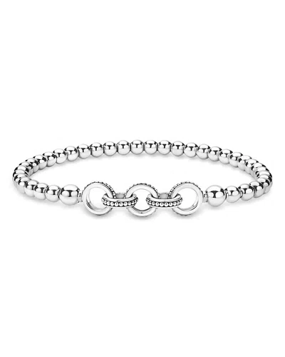 Lagos Sterling Silver Signature Caviar Interlocking Rings Beaded Stretch Bracelet In White