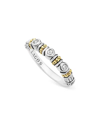 LAGOS STERLING SILVER THREE DIAMOND RITTENHOUSE STACKING RING WITH 18K GOLD STATIONS,02-80533-006