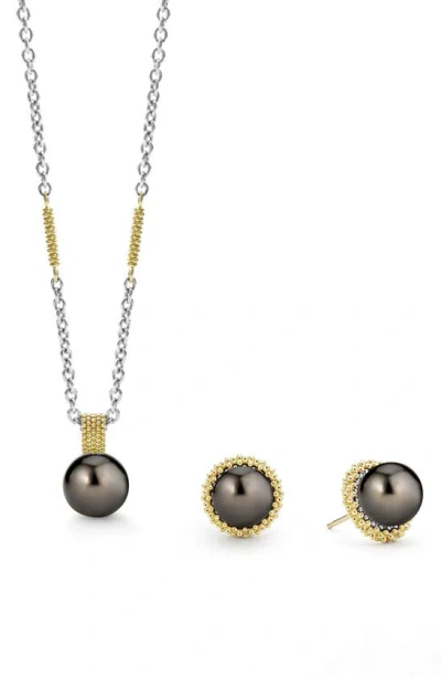 Lagos Tahitian Black Pearl Necklace & Earrings Set In Silver