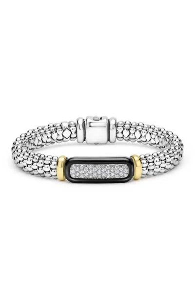 Lagos Two-tone Black Ceramic Diamond Caviar Bracelet In Metallic