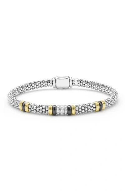 Lagos Two-tone Black Ceramic Station Diamond Bracelet In Metallic