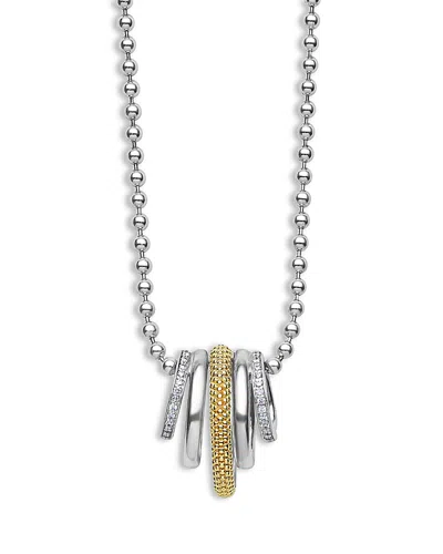 LAGOS TWO TONE CAVIAR LUX FIVE RING PENDANT NECKLACE WITH DIAMONDS, 16-18