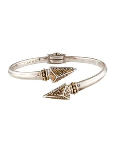 Pre-owned Lagos Two-tone Caviar Pyramid Hinged Cuff Bracelet, 7" In Multi