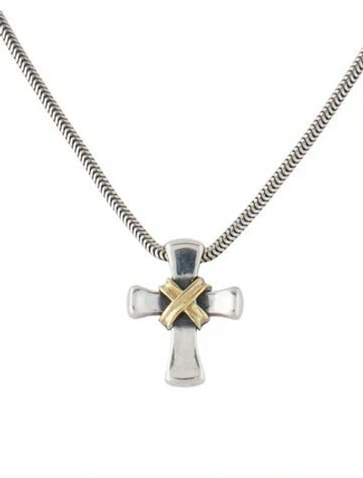Pre-owned Lagos Two-tone Cross Pendant Necklace, 16" In Multi