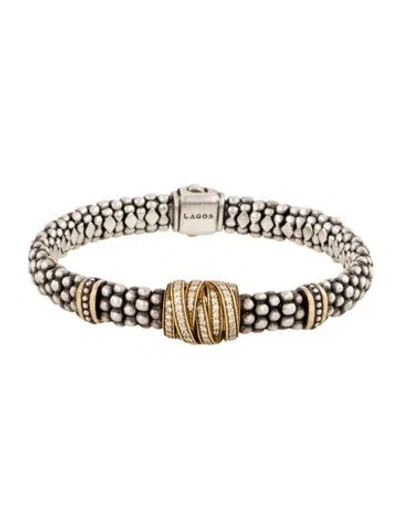 Pre-owned Lagos Two-tone Diamond Caviar Bracelet, 6.75" In Multicolor