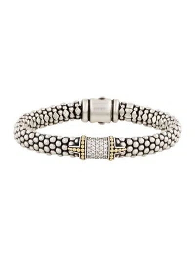 Pre-owned Lagos Two-tone Diamond Station Bangle Bracelet, 6.75" In Multi