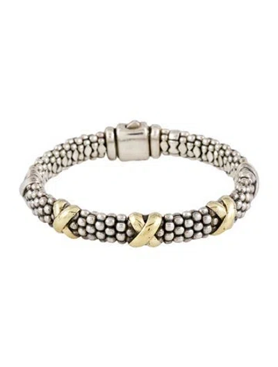 Pre-owned Lagos Two-tone Five Station X Bangle Bracelet, 6.75" In Multi